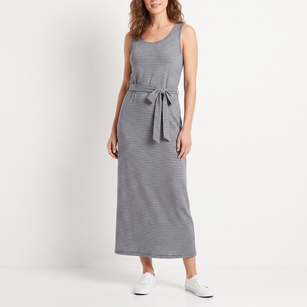 Sonoma Maxi Dress Womens XL Blue Striped Sleeveless Belted NEW
